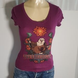True Religion SZ XS crystal rhinestone Buddha purple Graphic Fitted T-Shirt